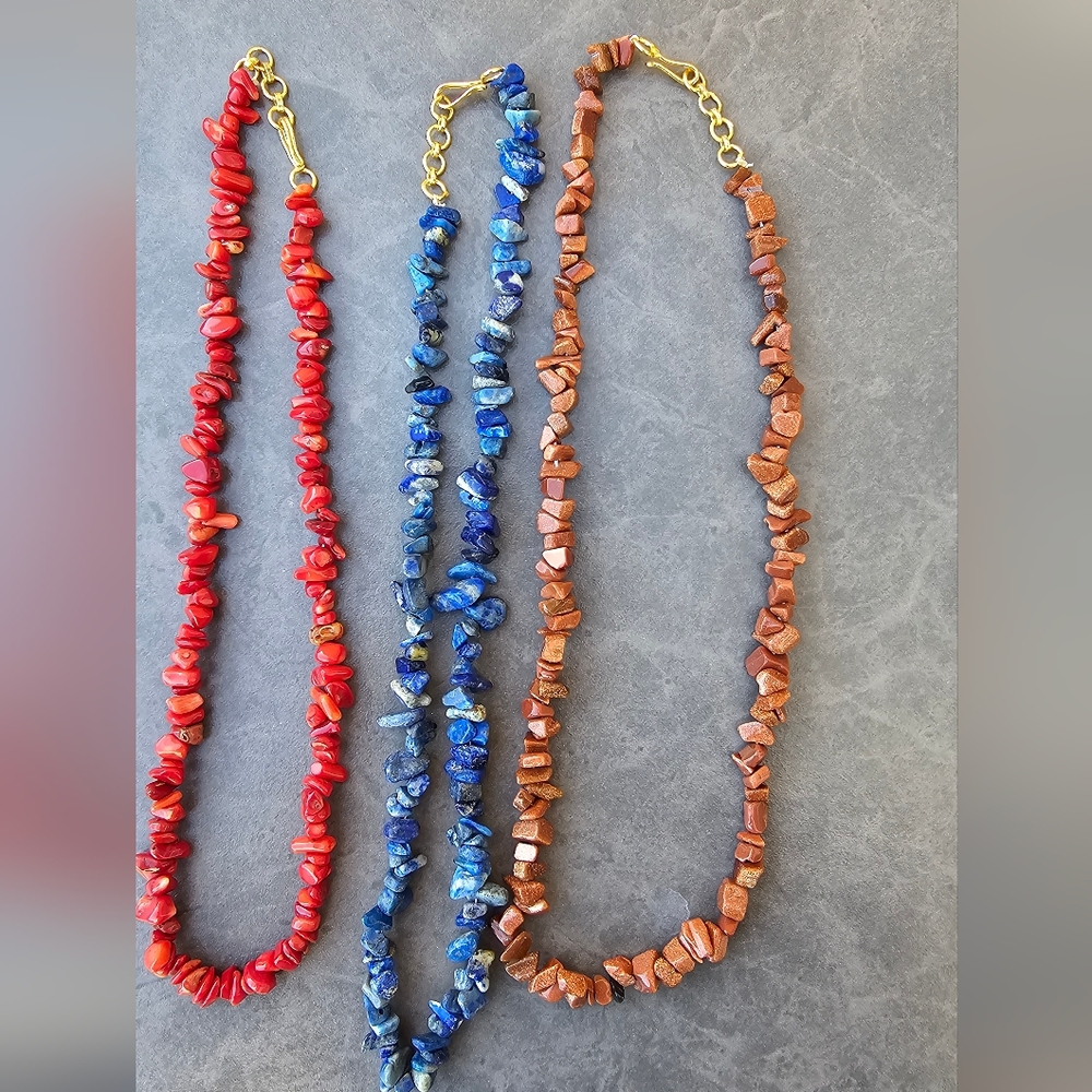 Bundle Of 3 Red Coral Necklace, Red Jasper Necklace And Blue LAPIS NECKLACE.